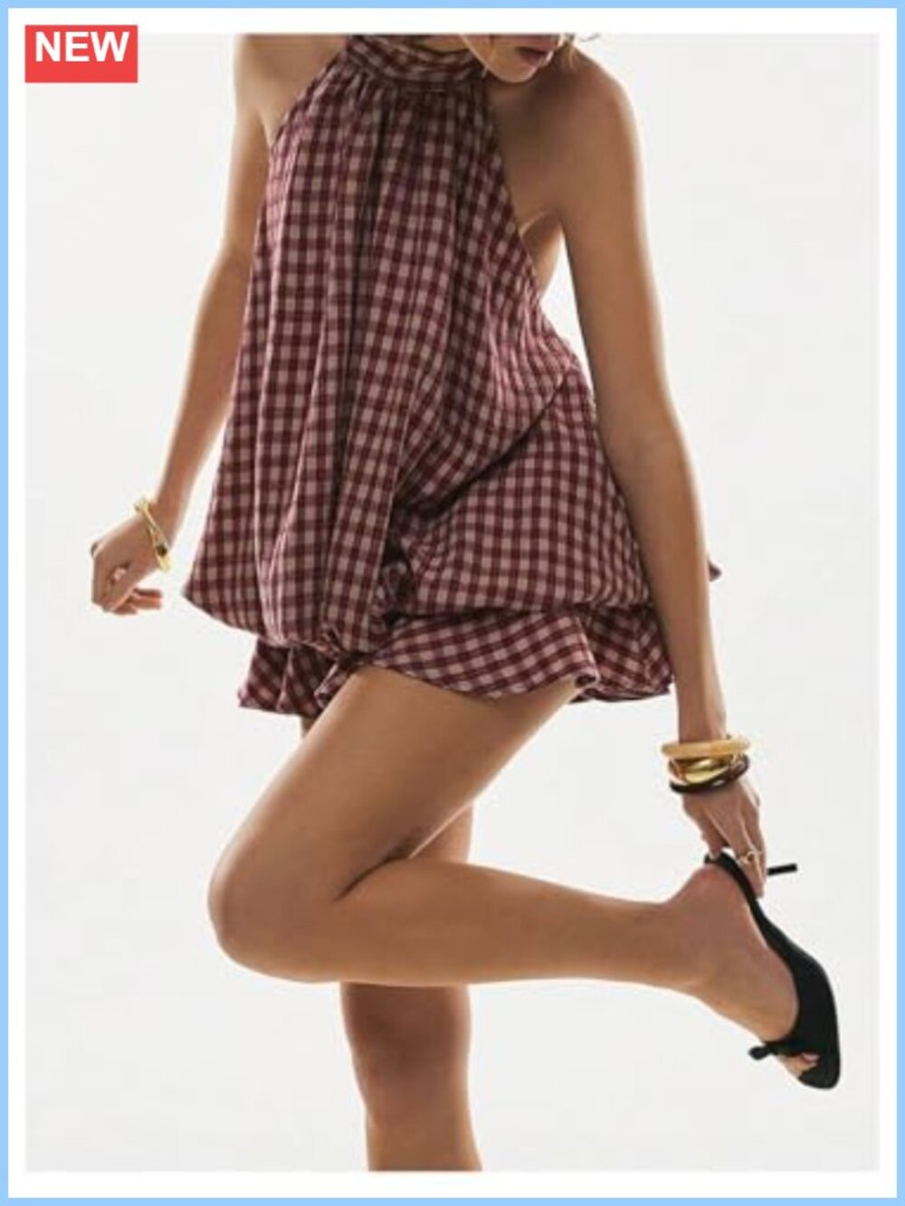 Women's Plaid Halter Mini Dress Ruffle Bubble Hem Going Out A-Line Sundress - Picture 4 of 4